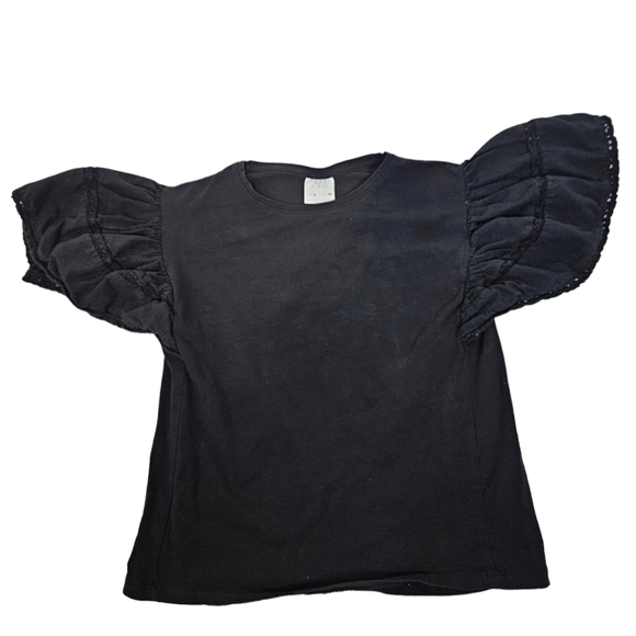 Zara Black Eyelet Ruffle Sleeve Poplin Top Tee-Shirt Size 9 Girl's i82 - Picture 7 of 7